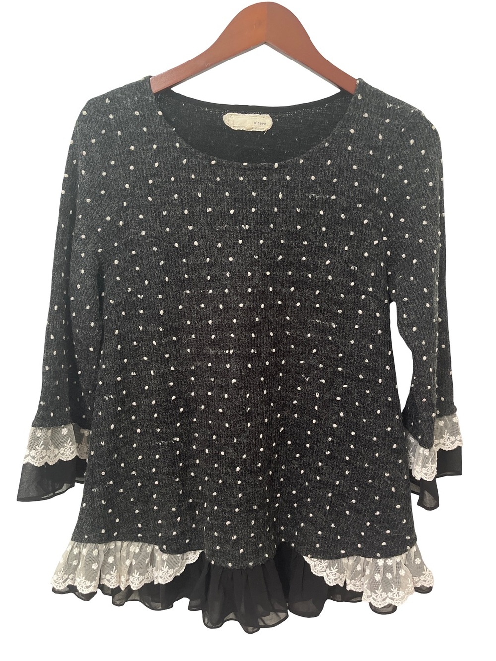 A'reve Women’s Large Black White Polka Dot Lace Accent Long Sleeve Top
